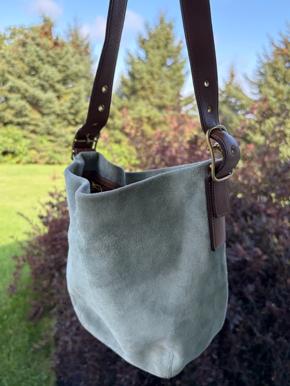 Coach baby blue legacy soho bucket bag 9187 soft suede sage leather purse gold